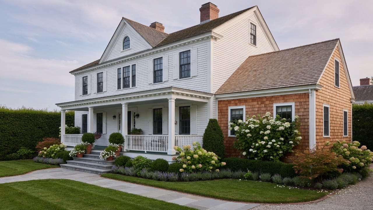 New England home showing painted cedar and stained cedar exterior finishes for comparison