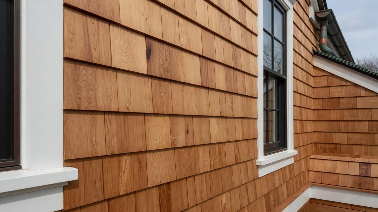 Natural semi-transparent stained cedar siding showing wood grain on a New England home