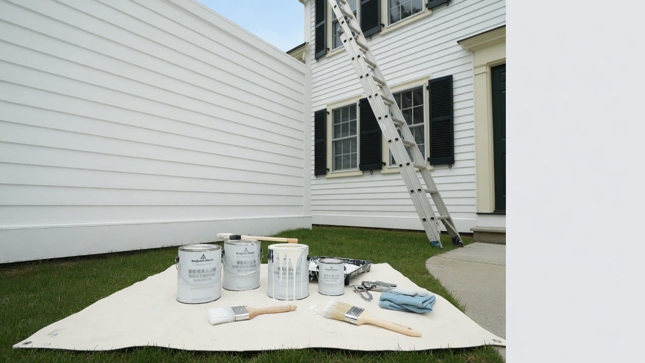 Clean exterior painting setup with true-scale tools at a white colonial home in Hopkinton Massachusetts