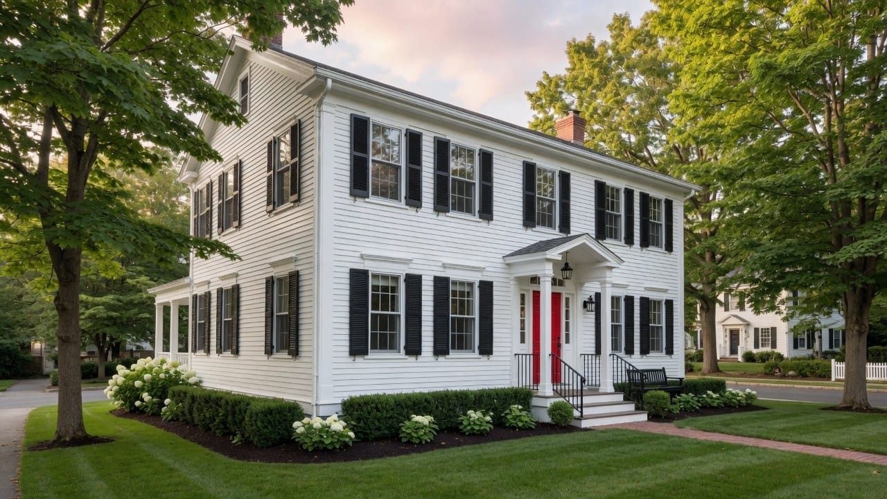 Freshly painted white colonial with black shutters and red door on a tree-lined Hopkinton Massachusetts street
