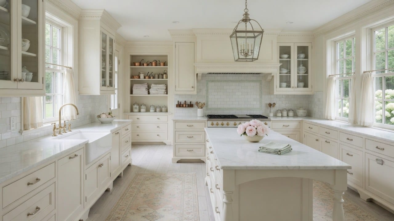 Bright New England kitchen with cream cabinetry in a Hopkinton Massachusetts home ready for painting