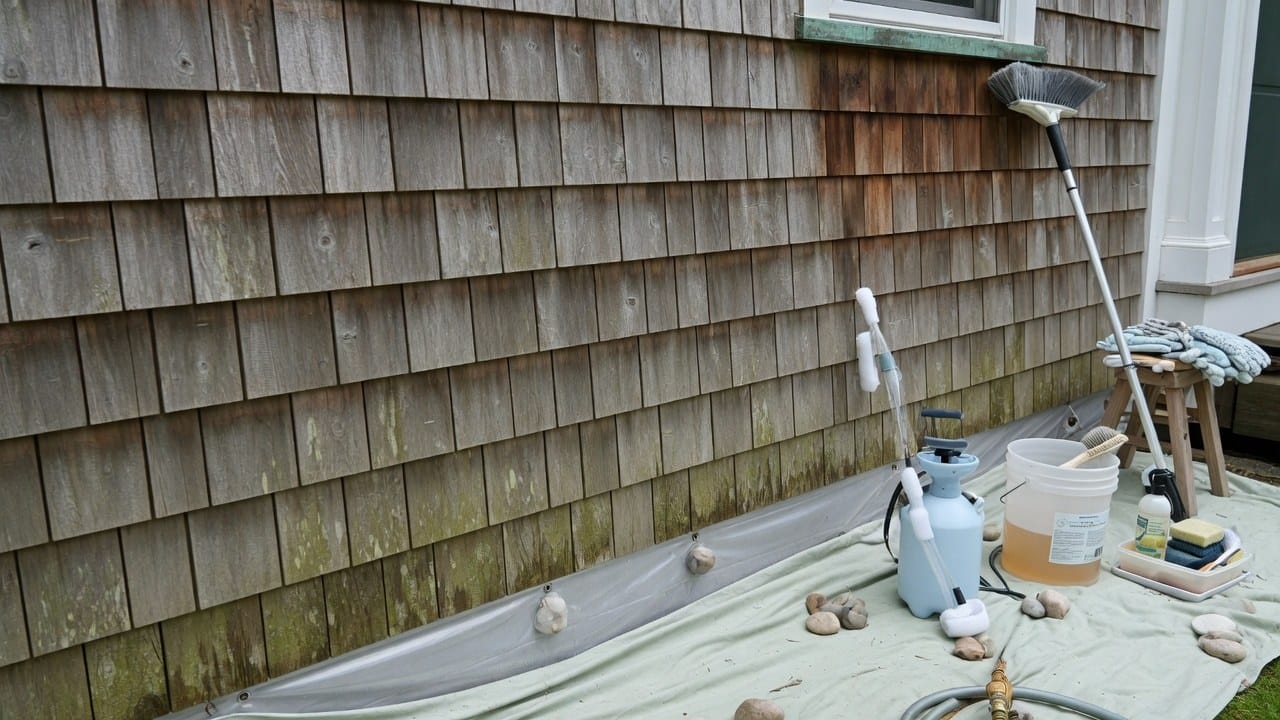 Historic cedar shake shingles on a Sherborn Massachusetts home with careful gentle cleaning prep