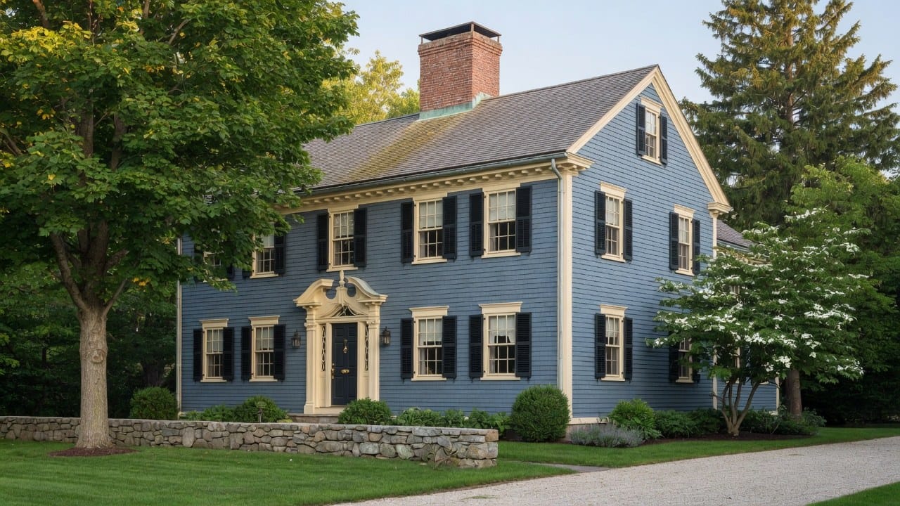 Historic Sherborn Massachusetts colonial with slate blue cedar shake and cream trim in soft daylight