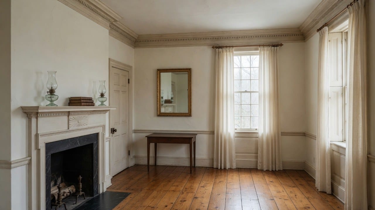 Smooth freshly painted plaster walls and detailed wood trim in a historic Sherborn Massachusetts interior