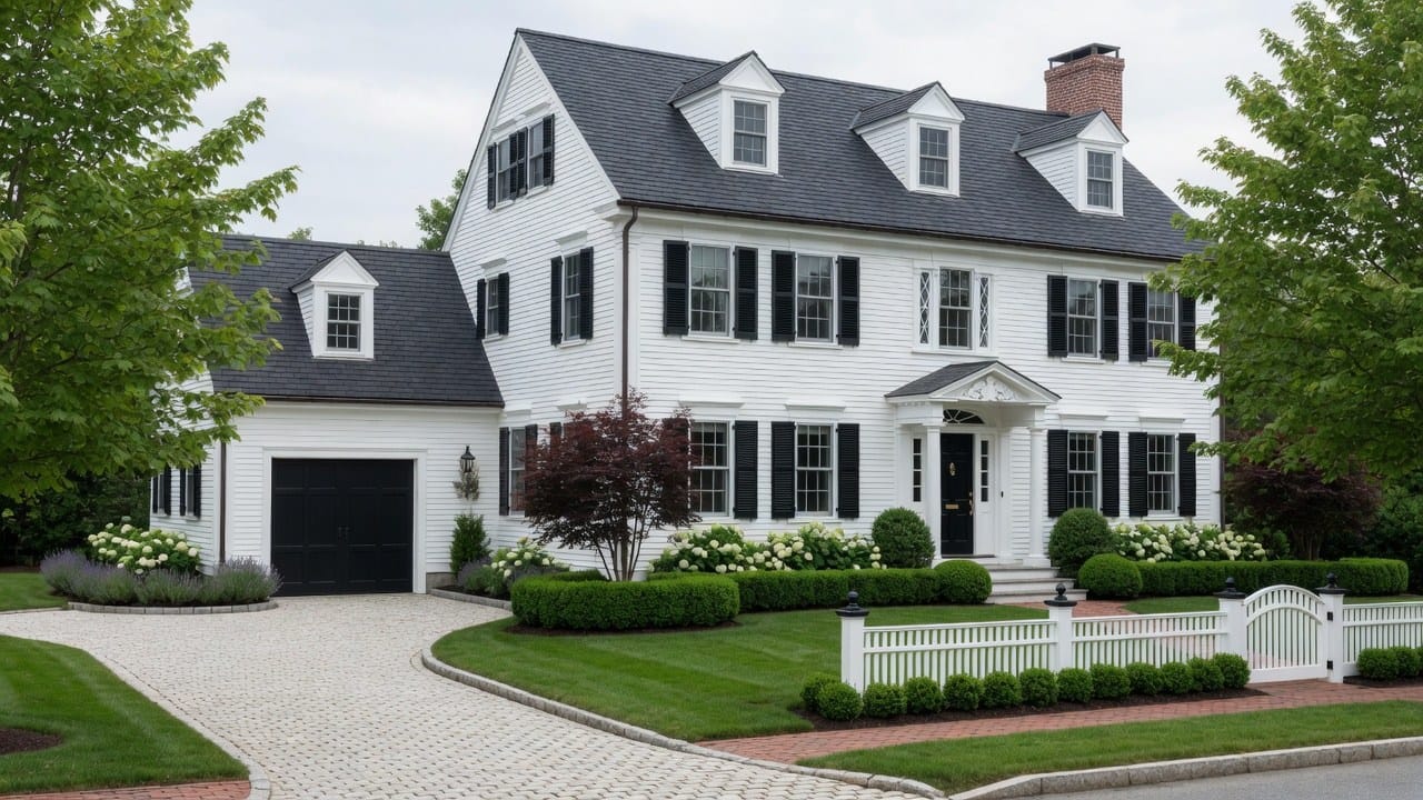 Restored New England colonial with freshly painted cedar clapboard siding in MetroWest Massachusetts