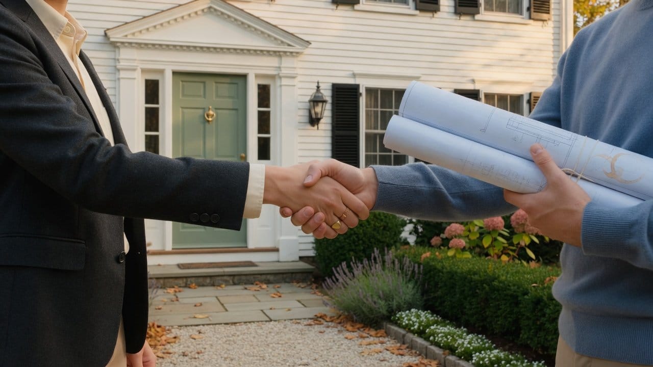 Homeowner and painting contractor shaking hands over a signed written contract outside a New England colonial home