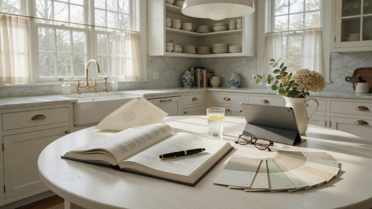 Homeowner and painting contractor reviewing a written contract and payment schedule at a kitchen table in a MetroWest Boston home