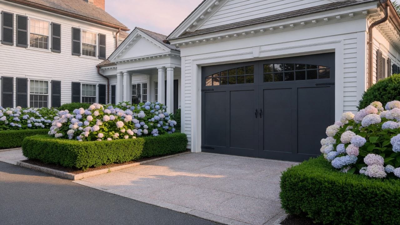 Charcoal painted garage door on a Wellesley MA colonial, white trim, boxwoods, morning light