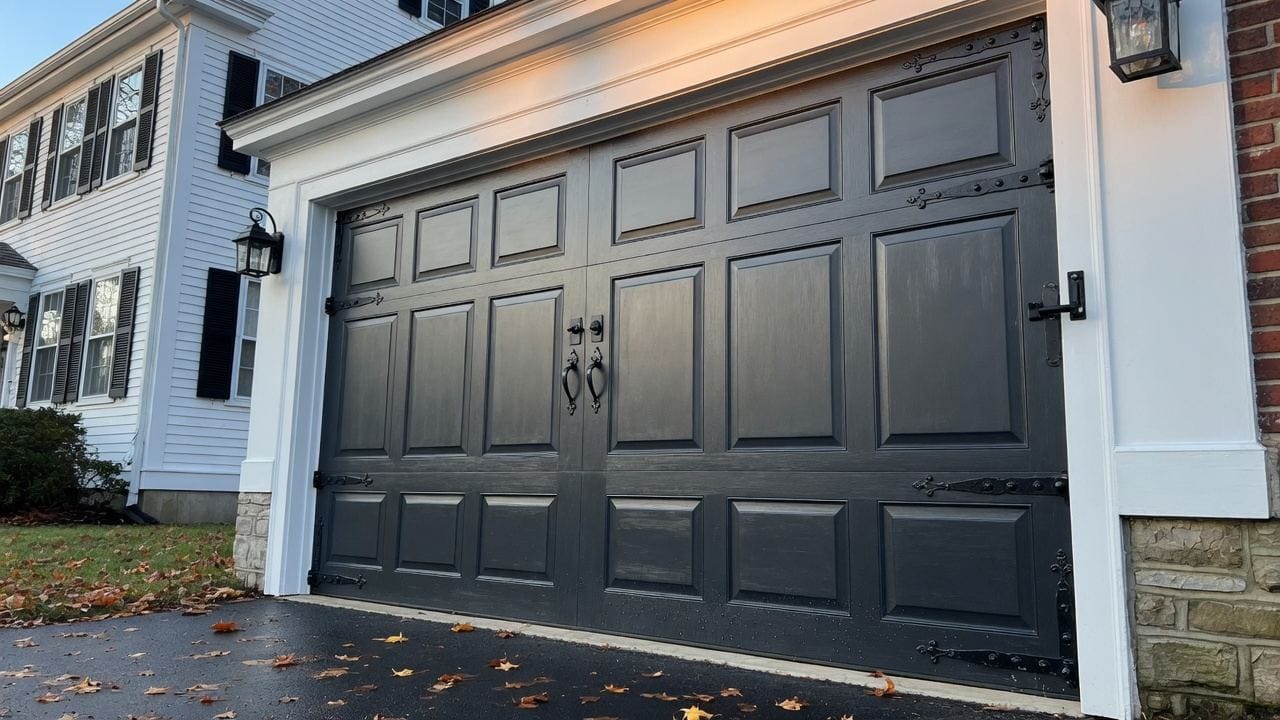 Freshly painted charcoal garage door on a Wellesley MA colonial, white trim, hydrangeas, morning light