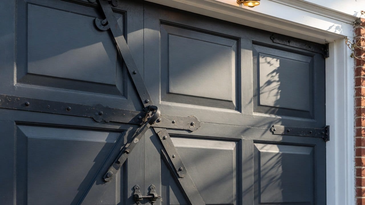 Close-up of painted raised garage door panels and hinges on a MetroWest home, satin acrylic, raking light