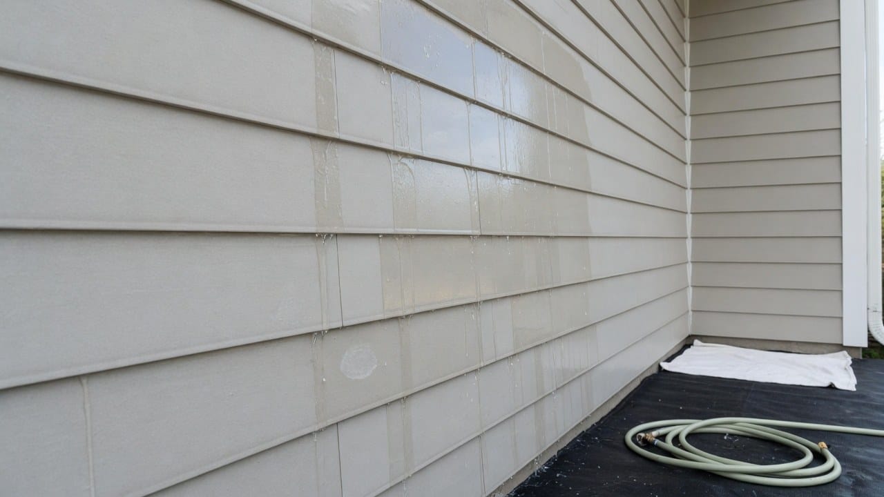 Clean prep on fiber-cement siding with gentle rinse and caulk check before repainting in Massachusetts