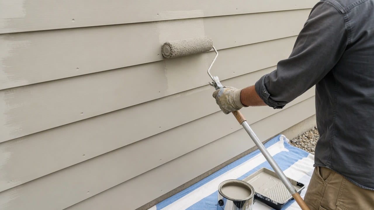 Painter rolling a fresh acrylic coat on HardiePlank fiber-cement lap siding in MetroWest Massachusetts