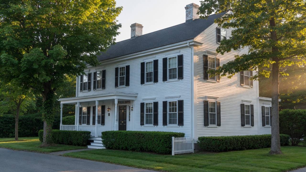Needham MA colonial clapboard and window casing, fresh paint, mature trees, morning light