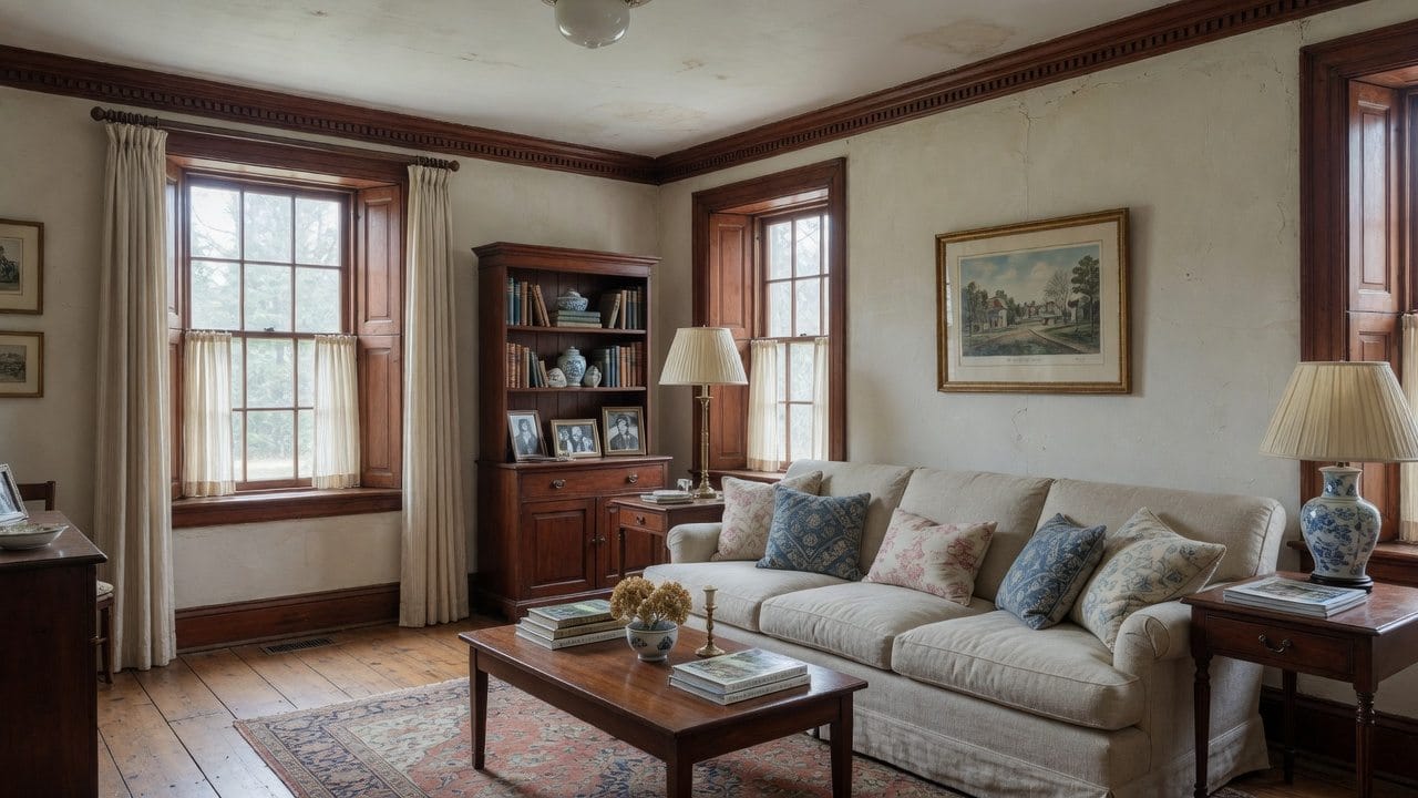 Older Needham MA colonial living room, plaster walls, mahogany trim, soft north light, no people