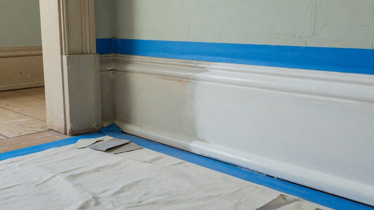 Painter applying bonding primer to sanded interior trim in an older MetroWest Boston home