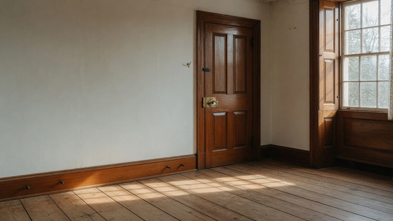 Original painted wood trim and panelled door in an older MetroWest Boston colonial interior, warm daylight showing the glossy oil based finish
