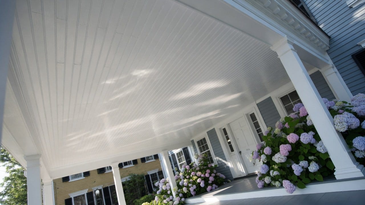 White beadboard porch ceiling on a Holliston MA colonial, looking up from the steps, morning light