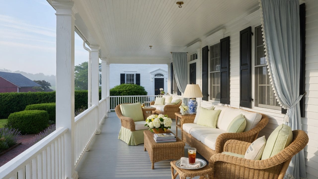 Freshly painted white beadboard porch ceiling on a Holliston MA colonial, wicker furniture below, morning light