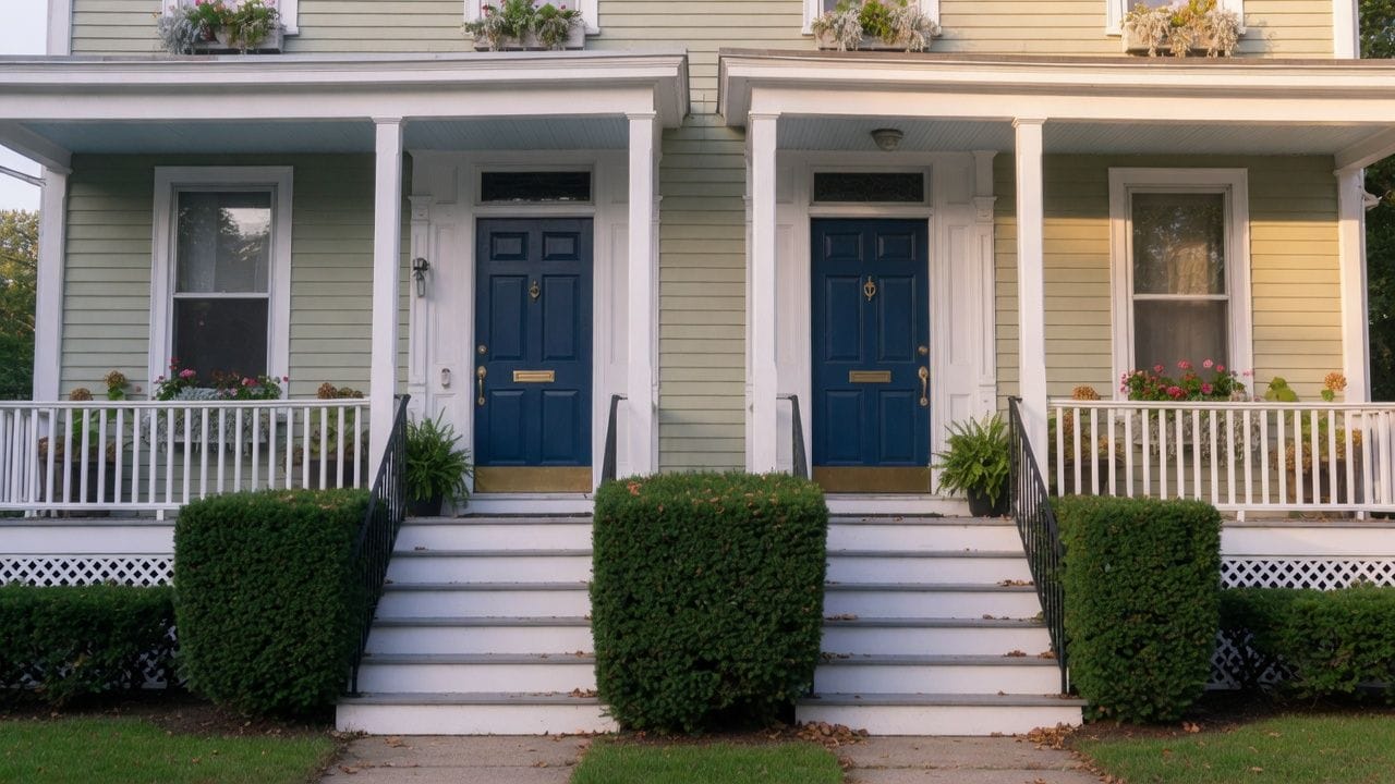 Framingham MA two-family with matching painted porch doors, late summer light