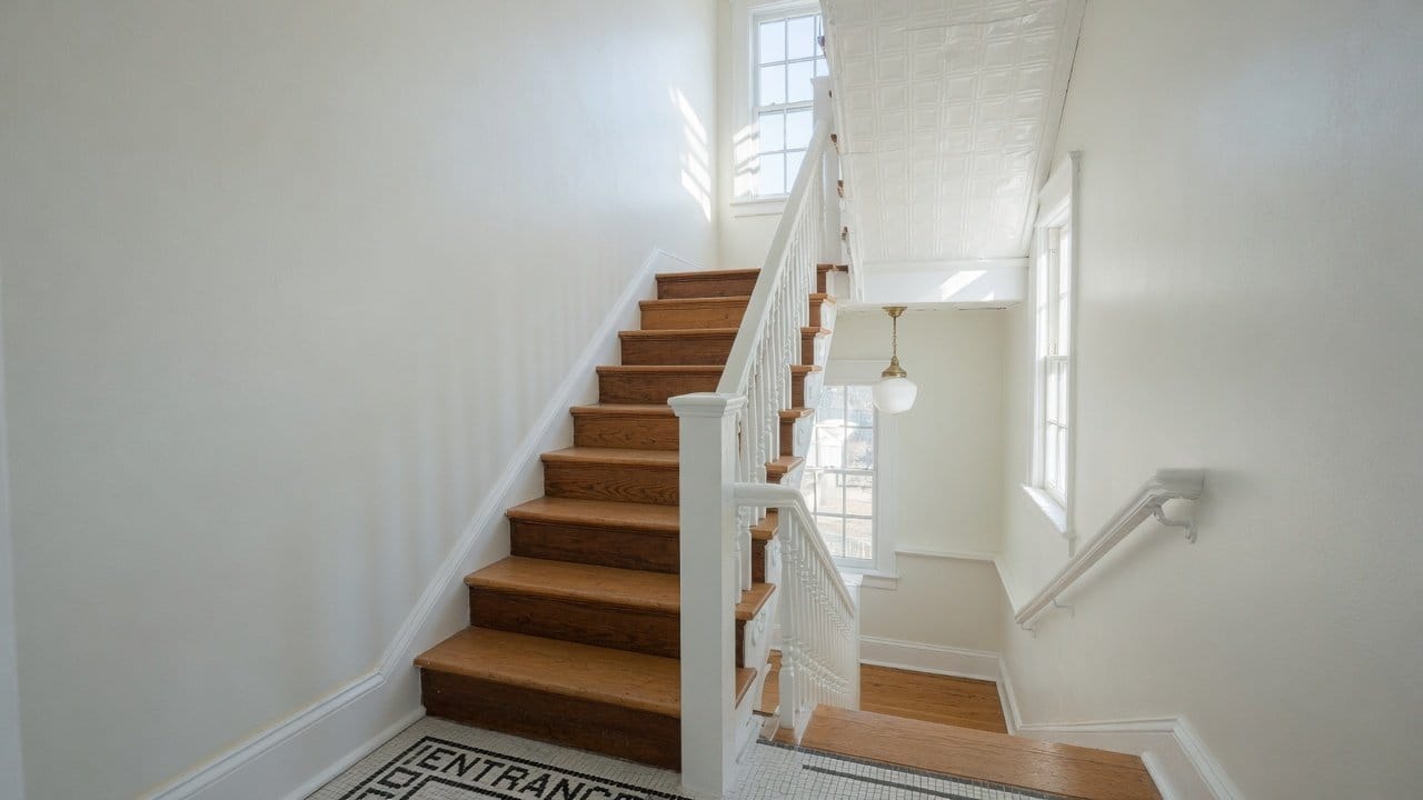 Shared stair in a Framingham two-family, freshly painted walls and rail, oak treads, daylight