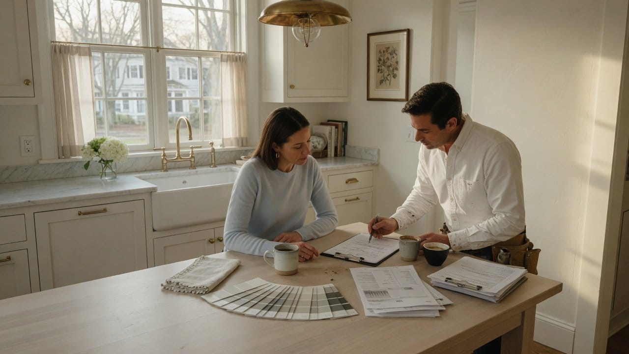 Homeowner reviewing a written painting warranty document with a contractor in a bright MetroWest Boston kitchen, paint samples and proposal on the table