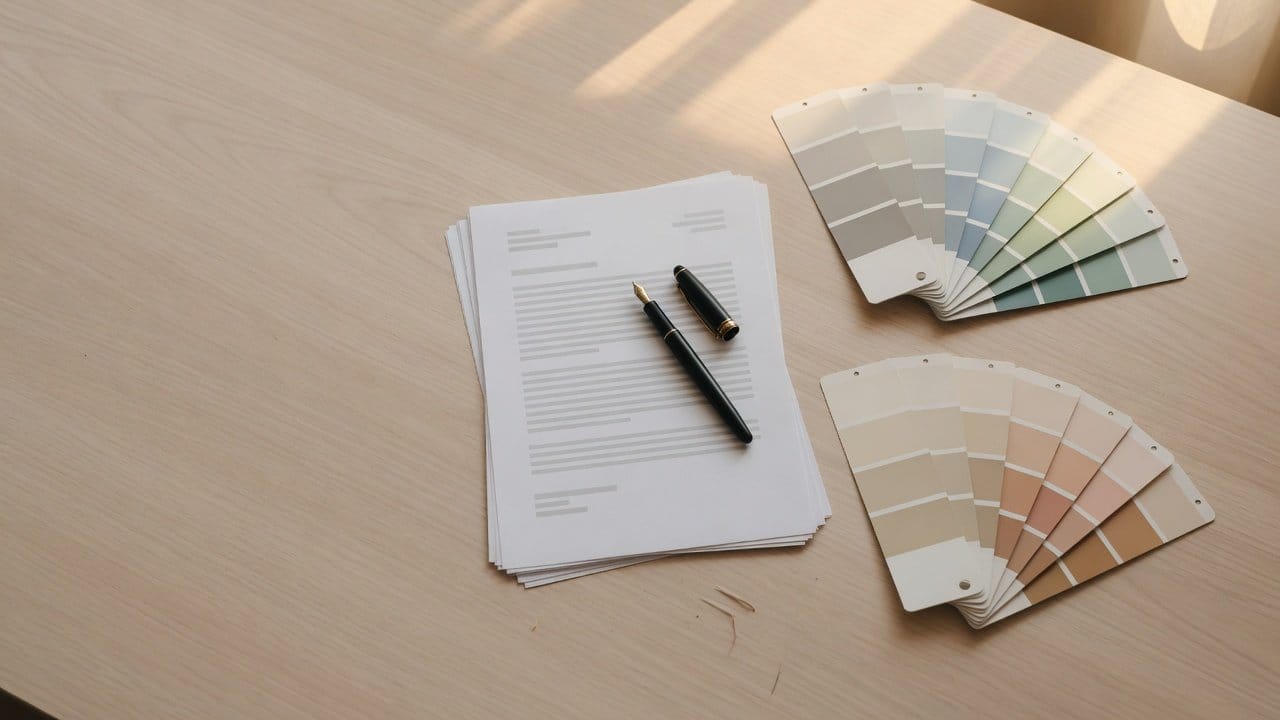Homeowner reading a written painting workmanship warranty document alongside a manufacturer paint warranty card at a kitchen table