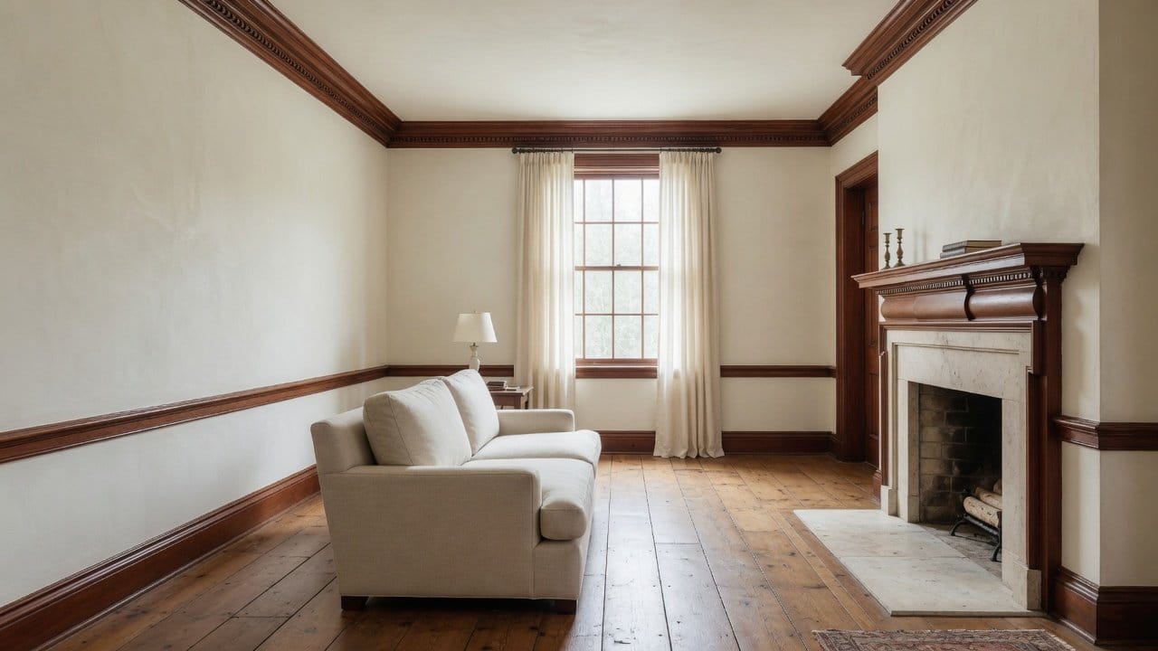 Repaired plaster wall ready for primer in a Holliston MA colonial living room, soft north window light