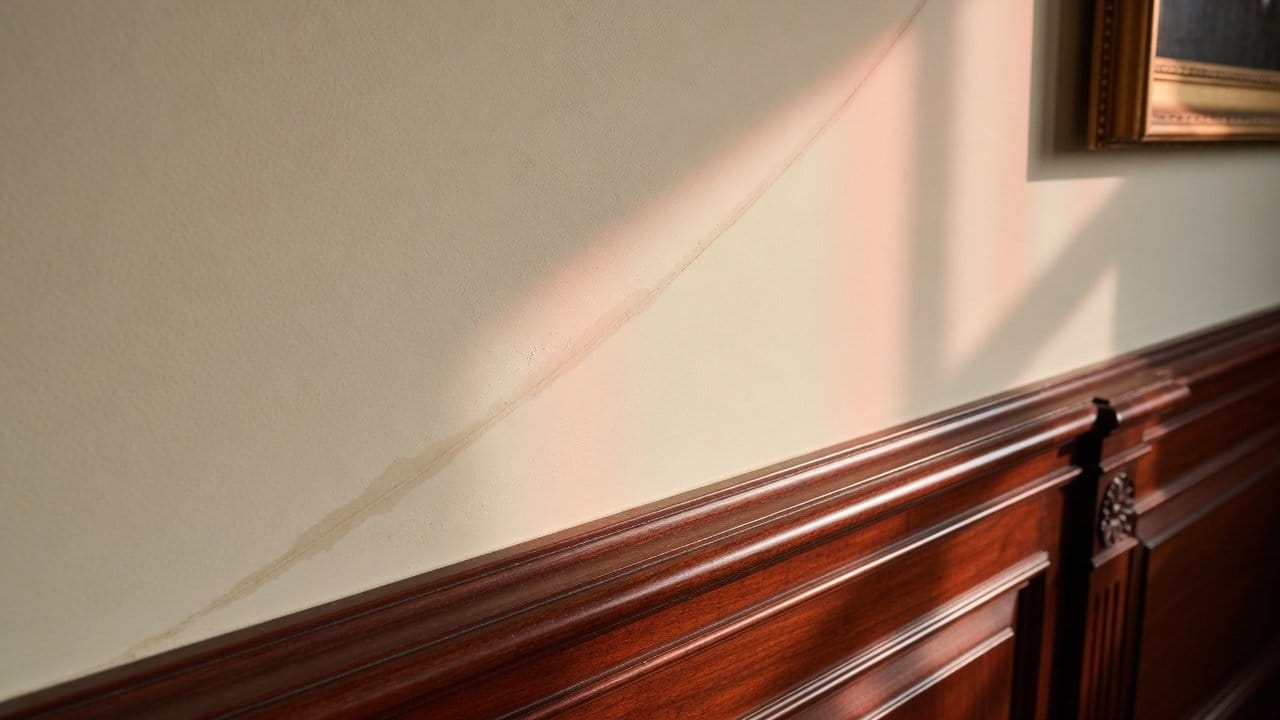Close-up of a repaired hairline plaster crack on a Holliston MA colonial wall before priming, natural window light