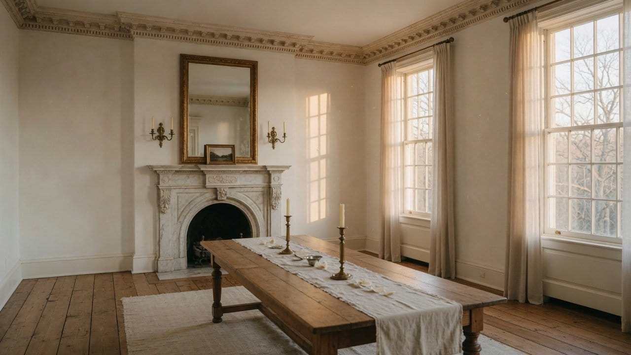 Freshly skim-coated plaster wall in a Wellesley MA dining room ready for primer, drop cloths on hardwood, natural light