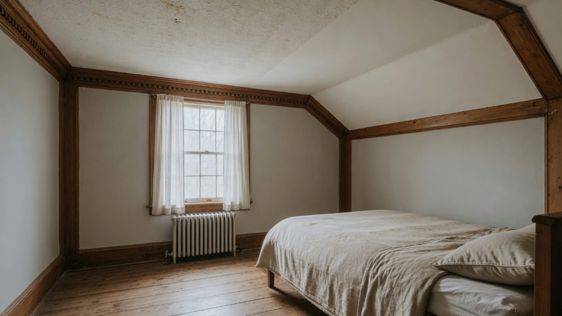 Smooth freshly painted ceiling next to original popcorn texture in a Needham MA bedroom, north light