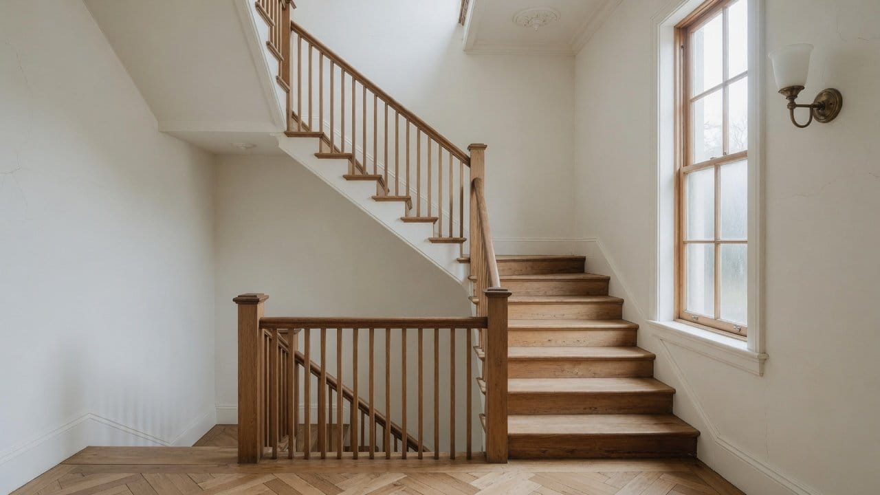 Freshly painted common hallway in a Natick MA multi-unit, warm white walls, oak stairs, natural light
