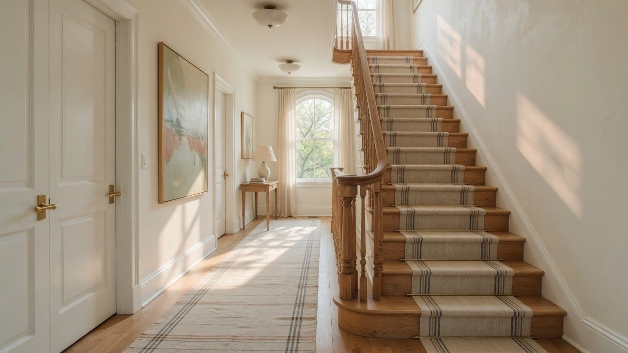 Freshly painted common stair hall in a Natick MA multi-unit building, warm white walls, oak rail, daylight