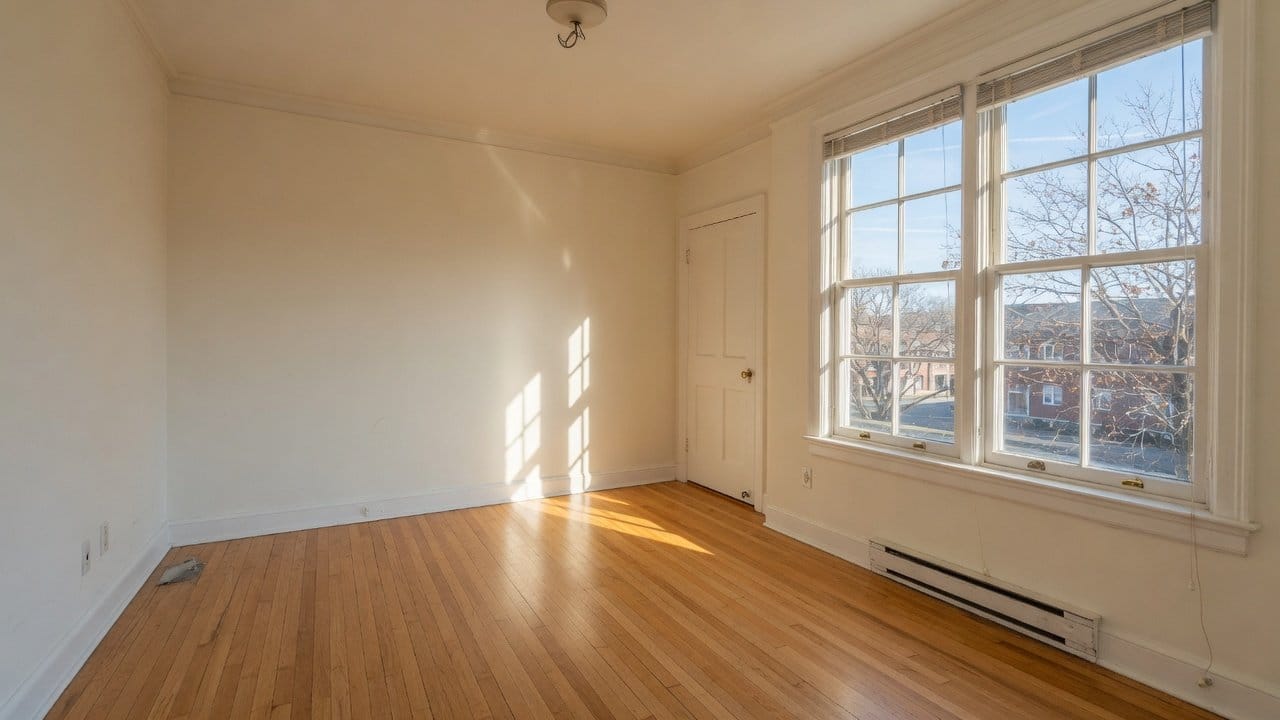 Vacant MetroWest apartment freshly painted warm white, empty room, oak floor, afternoon light
