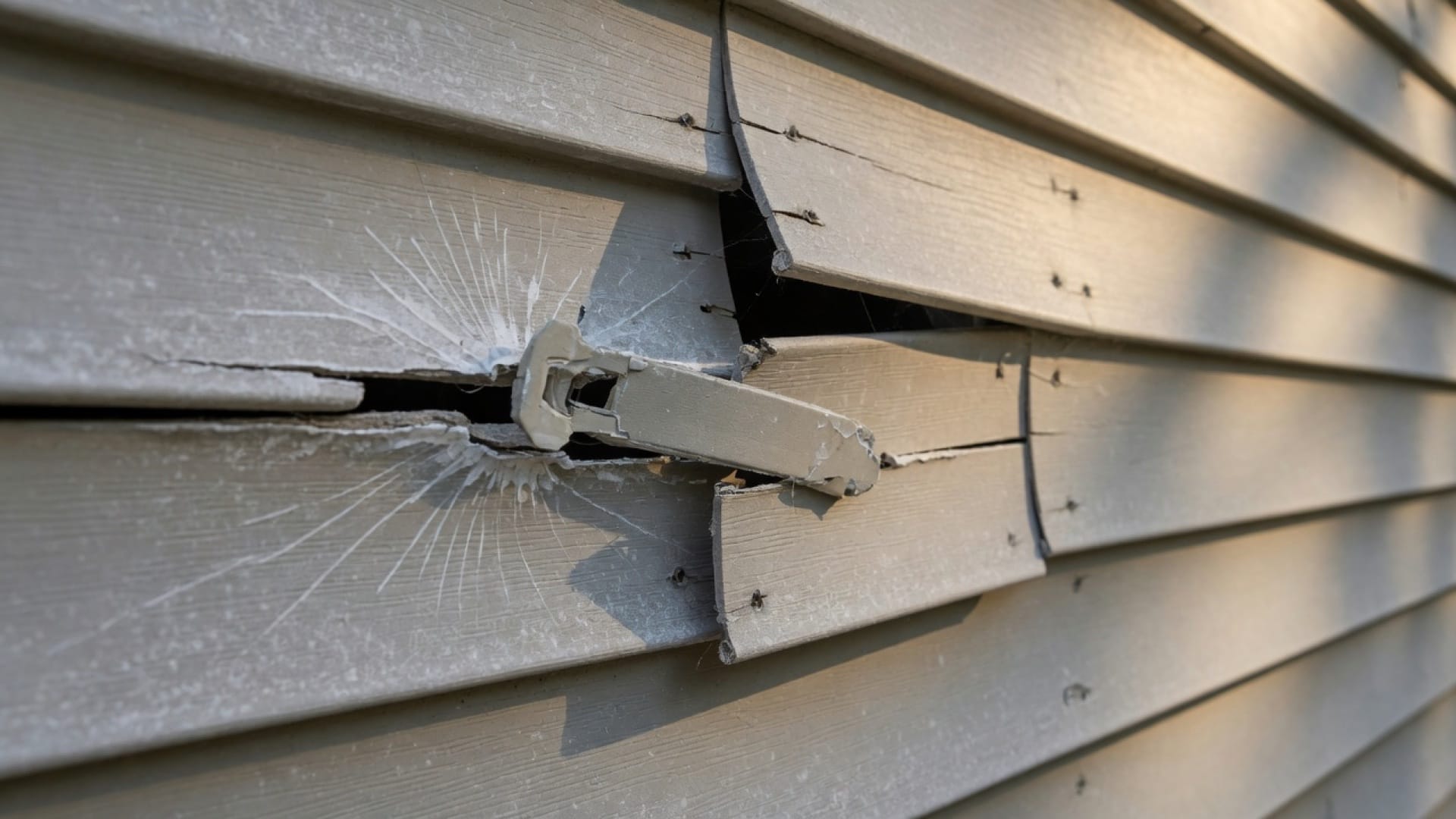 Cracked vinyl siding panel on a Holliston MA ranch, late summer raking light, no people