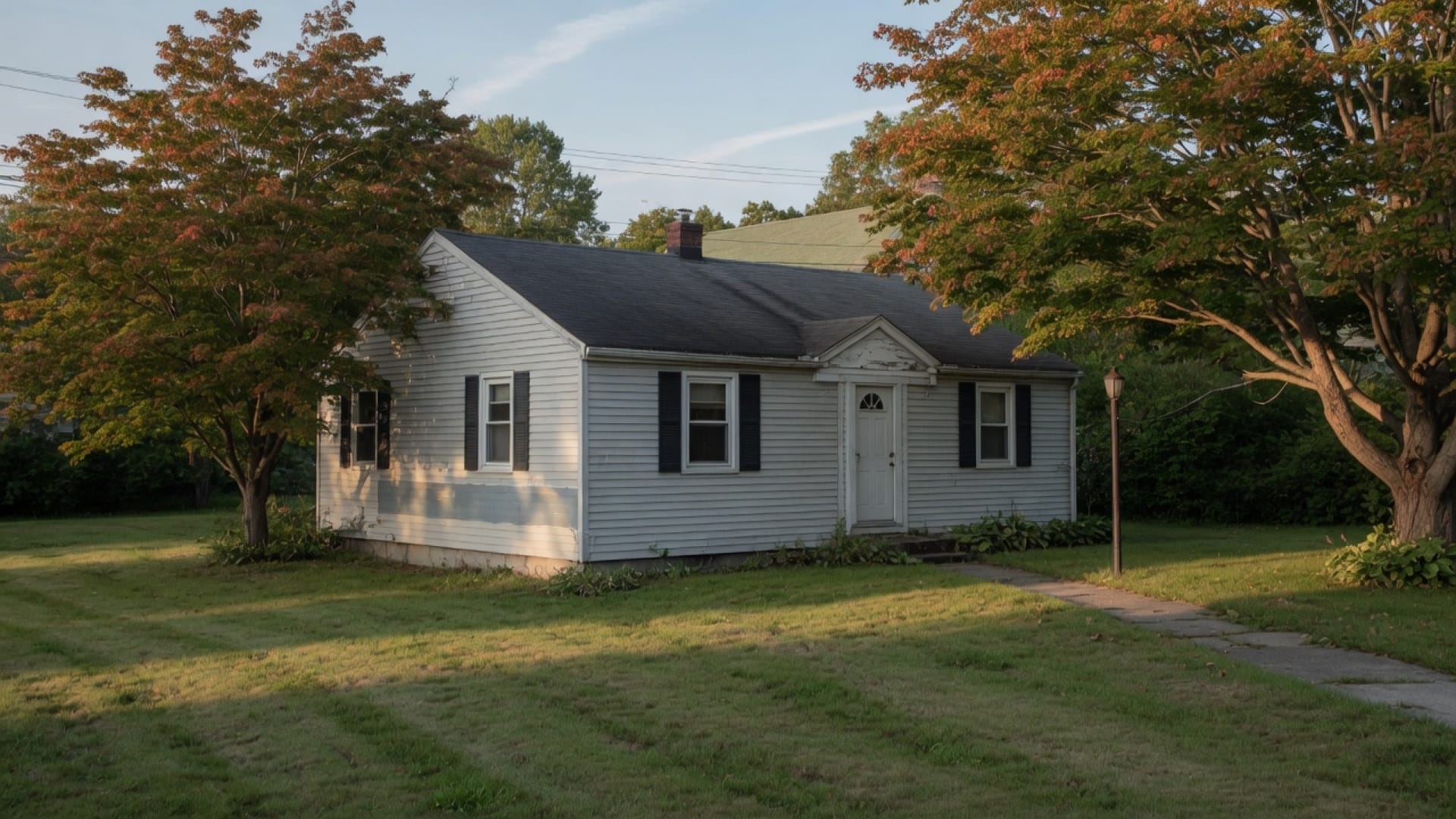MetroWest colonial with mixed vinyl courses, one patched panel catching late-day light, Holliston MA
