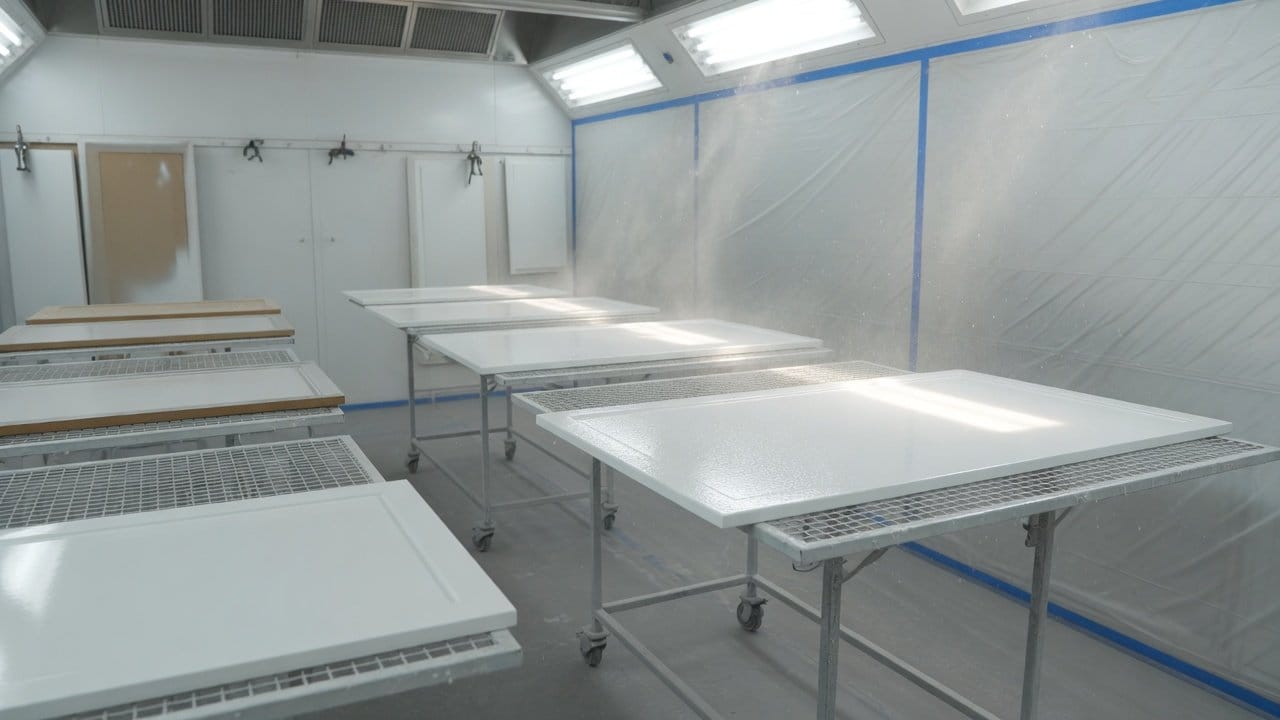 Cabinet doors laid flat on racks in a controlled spray setup receiving a thin even coat of waterborne enamel