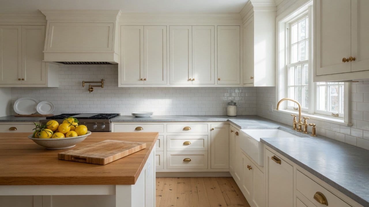 Freshly refinished shaker kitchen cabinets in a warm white finish in a MetroWest Boston kitchen, brushed brass hardware and natural light