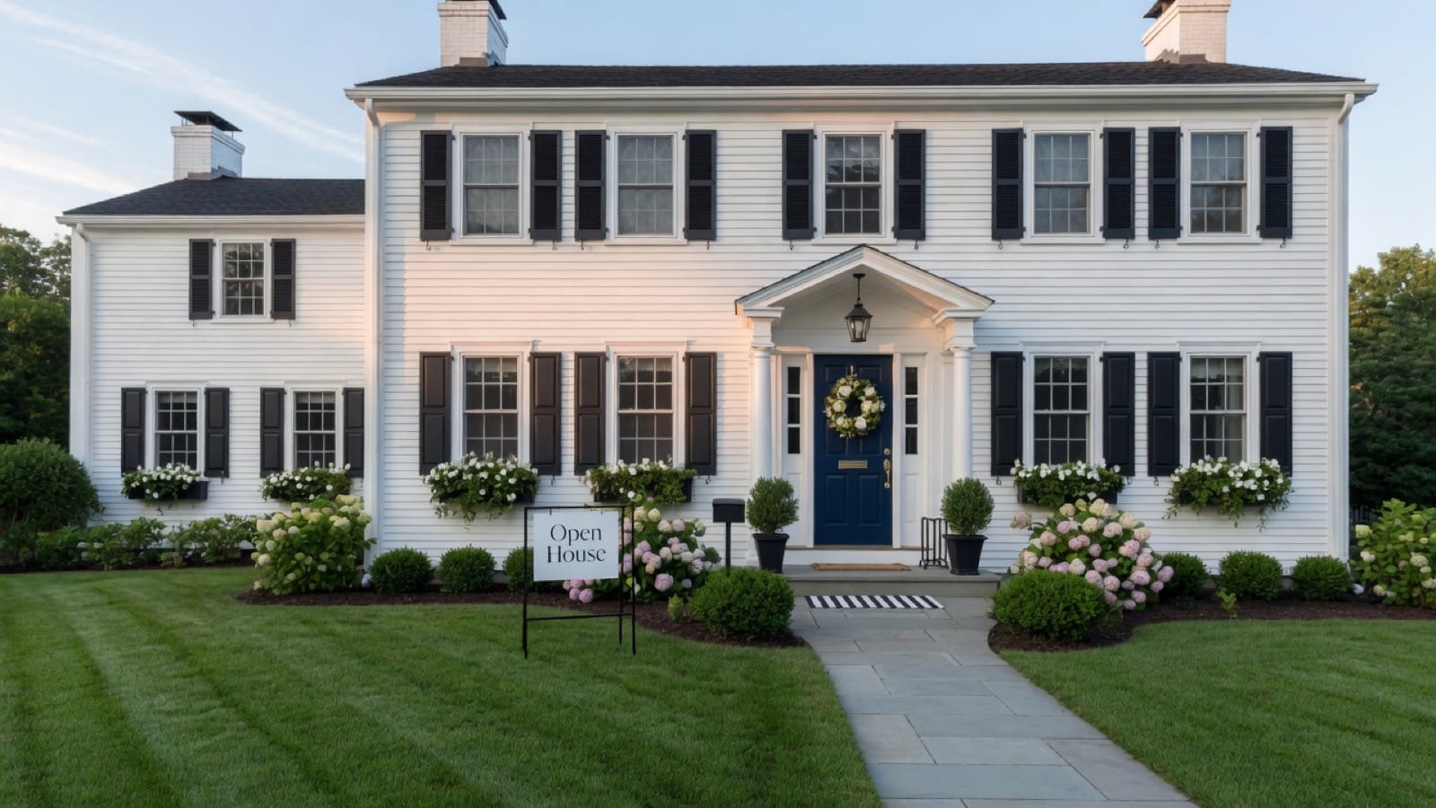 Freshly painted white colonial home with black shutters and a navy front door ready for real estate photography in MetroWest Boston