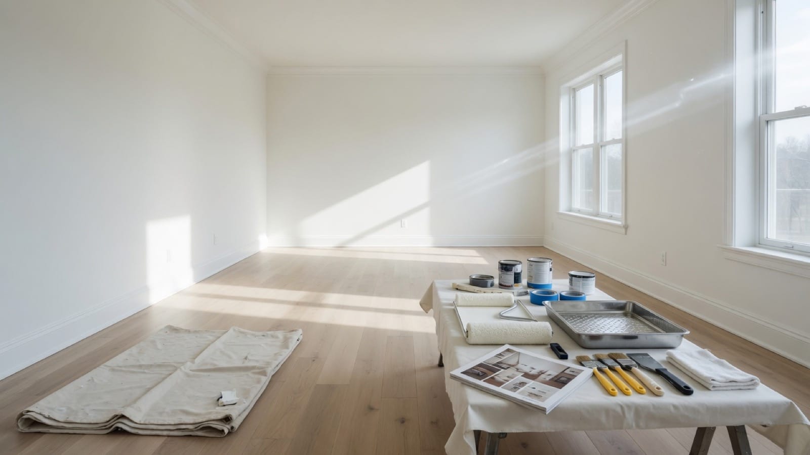Bright empty living room with freshly painted white walls and neat professional paint staging ready for next trade handoff