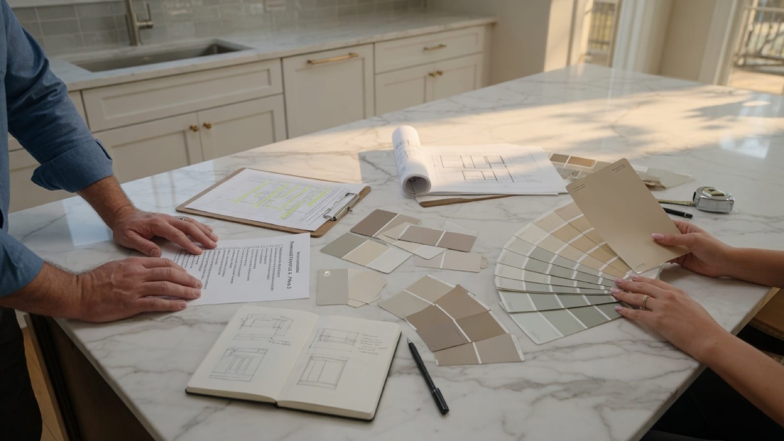 Contractor and realtor reviewing paint color samples and a renovation checklist on a bright kitchen island
