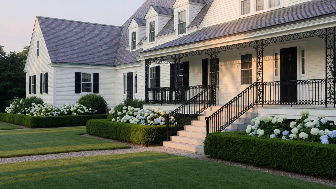 Freshly painted black wrought iron porch railing on a Wellesley MA colonial, spring lawn, no people
