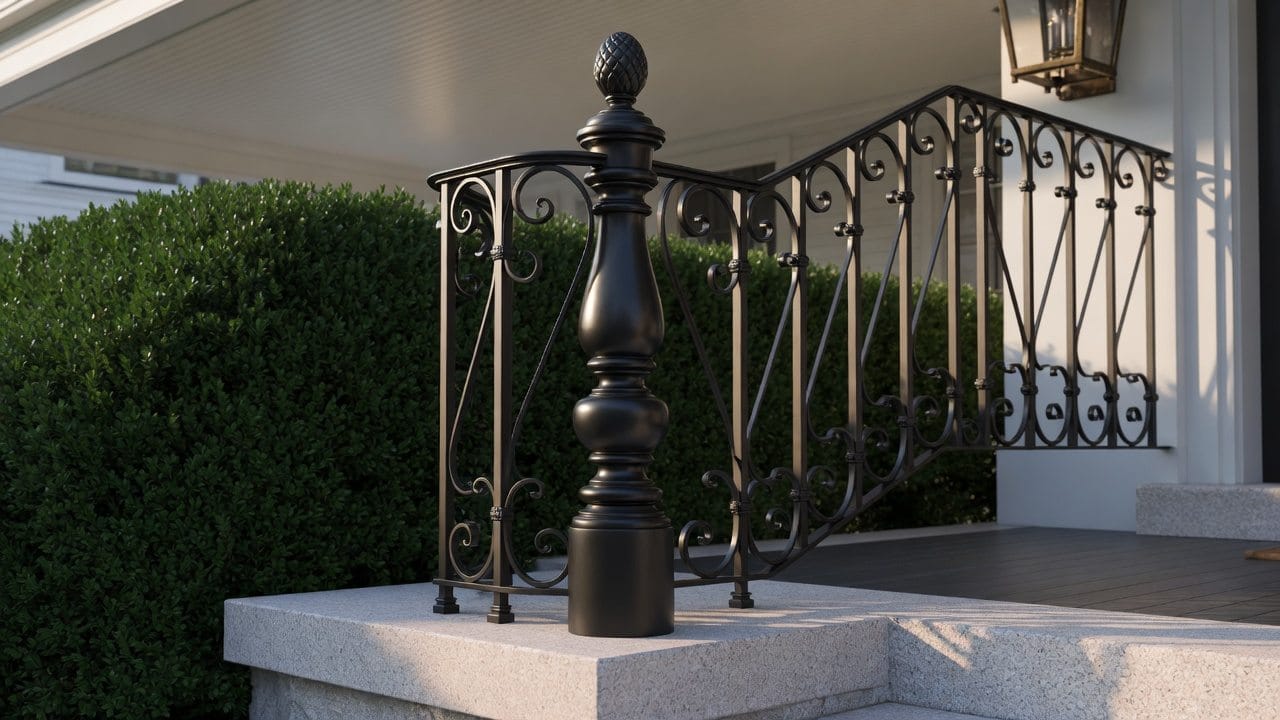 Satin black enamel on a prepped wrought iron newel and pickets, Natick MA porch, raking afternoon light