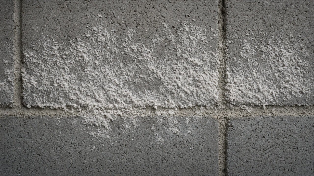 Pale efflorescence bloom across concrete block courses and a mortar joint in a Milford MA basement