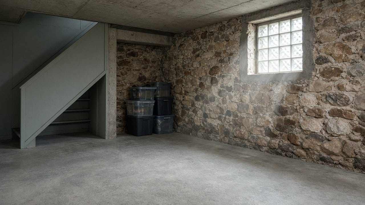 Dry fieldstone and concrete basement in an older Medway MA colonial with October light from a small window