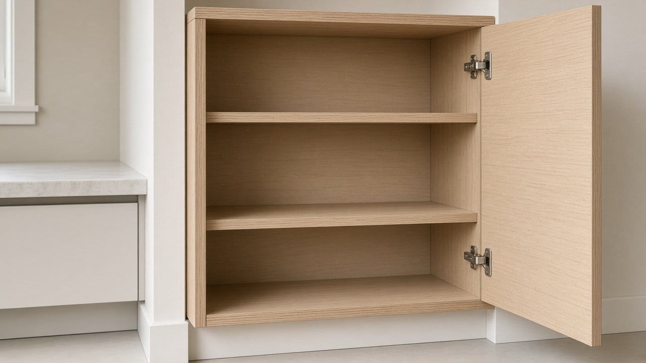 Open kitchen cabinet showing solid plywood box sides and clean joinery in a Needham MA home
