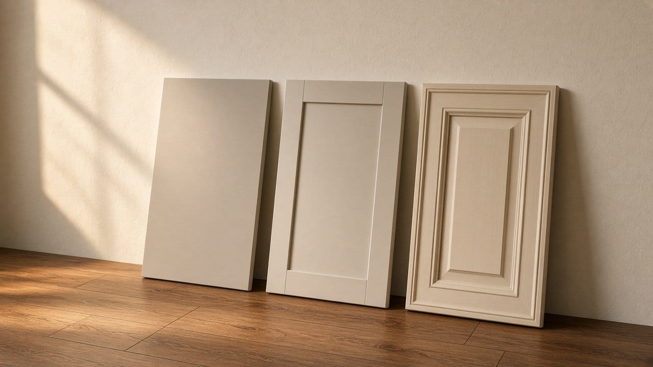 Three cabinet door styles leaned against a plaster wall, slab, shaker and raised panel, MetroWest MA