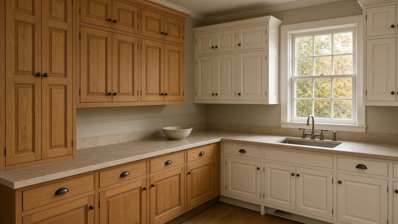 Dated honey oak cabinets beside a refinished warm white run in a Wellesley MA kitchen