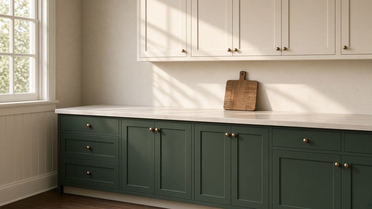 Refinished kitchen cabinetry in muted green and warm white with brushed brass hardware, Dover MA colonial
