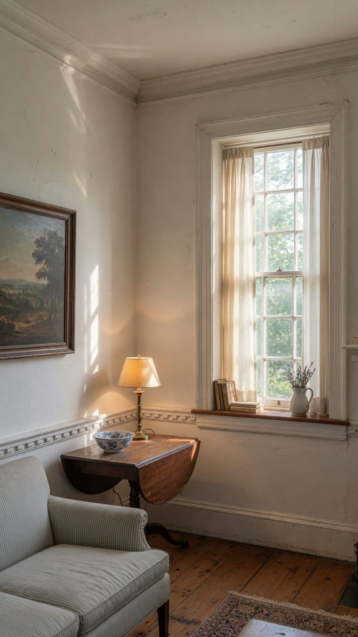 Eggshell interior wall in a MetroWest colonial living room, raking morning light, no people