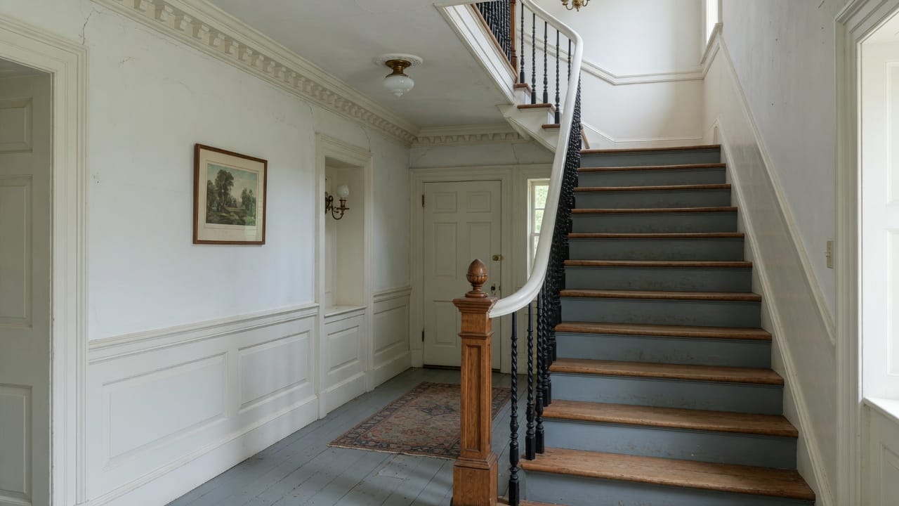 Colonial staircase hall in MetroWest MA, painted walls and oak treads, morning light